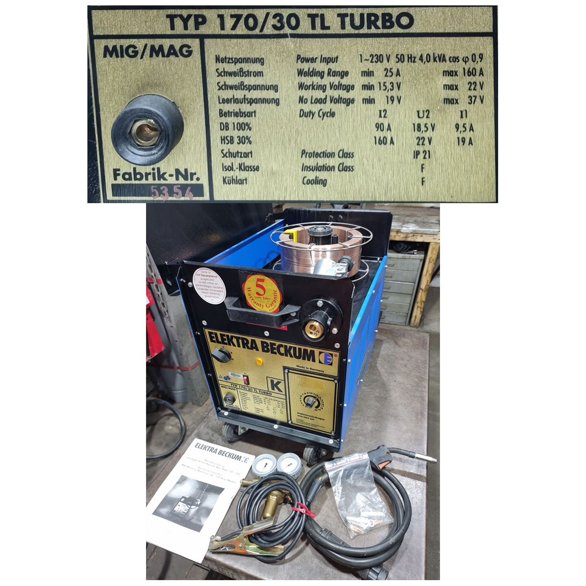 Elektra Beckum welding machine MIG MAG TYPE 170/30 TL Turbo. The DGUV