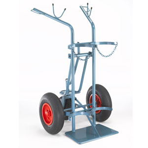 Carro para bombonas de acero F3 para 2 bombonas de gas de 50 l, ruedas de goma maciza de 400 Ø / 250 Ø, equipamiento básico: con protector de manos, soporte para manguera en los montantes. | Carro para botellas