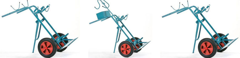 Steel cylinder trolley F2 for 2 steel cylinders 40-50 litres/210-230 Ø, with fold-out storage support | Bottle trolley