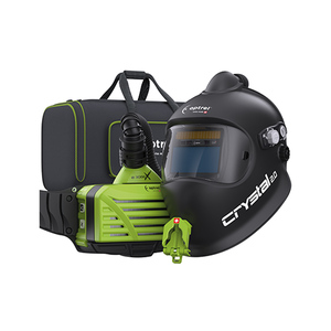 El paquete listo para soldar incluye: soplador e3000X sistema de protección respiratoria verde 18h batería con cristal2.0 casco de aire fresco negro, compañero de aparcamiento y bolsa e3000/X | Sistema Optrel