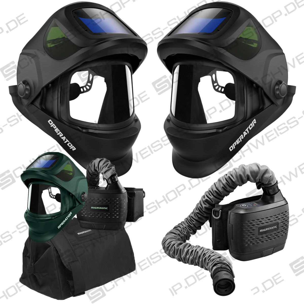 Migatronic | Soluzione "tutto in uno" per la saldatura con aria fresca, con casco OPERATOR MG750 e maschera respiratoria | 1718MAP0014 Soluzione "tutto in uno" per la saldatura con aria fresca, con casco OPERATOR MG750 e maschera respiratoria | Sistema Migatronic