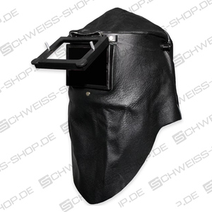 Welding leather bonnet closed, made of soft black leather, closed at the back, with fold-up glass frame ~ Face shield
