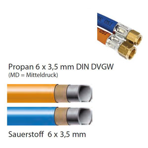 Oxyacetylene hoses Propane MD 6 x 3.5 / Oxygen 6 x 3.5 mm , assembled according to ISO 3821 / EN 1256 ~ Hoses