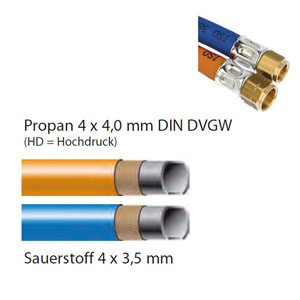 Oxyacetylene hoses Propane HD 4 x 4.0 / Oxygen 4 x 3.5 mm , mounted according to ISO 3821 / EN 1256 ~ Hoses